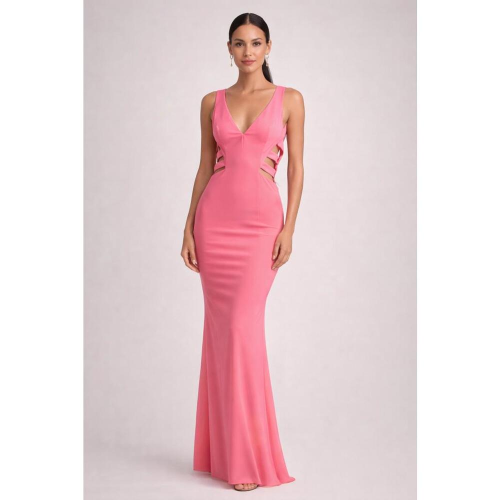 Glow Hot Pink Cutout Chiffon Maxi Gown Prom Formal  Sz 14  Wedding Guest Gala